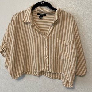 Forever 21 Beige and White Striped Cropped Button-Up Top